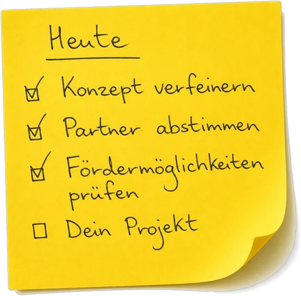 Post-it Heute: Konzept verfeinern, Partner abstimmen, Fördermöglichkeiten prüfen erledigt, offen: Dein Projekt